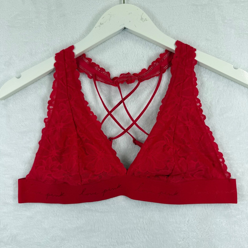 Victoria's Secret PINK Red Floral Lace Strappy Cage‎ Back Bralette Small READ
